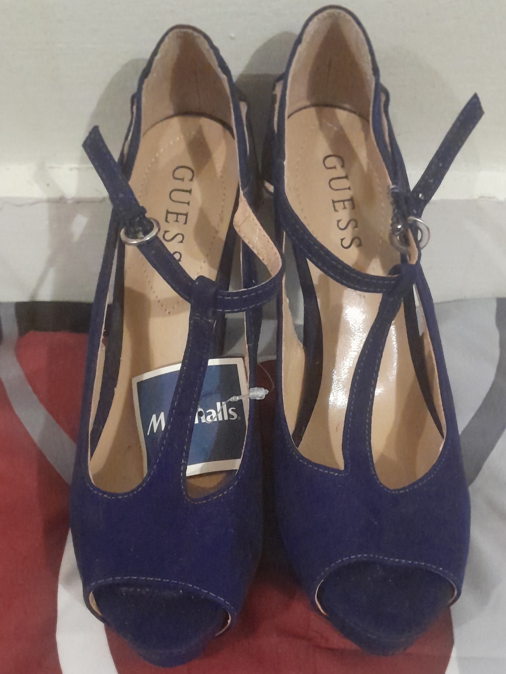 GUESS Navy Suede T-Strap Peep Toe Heels